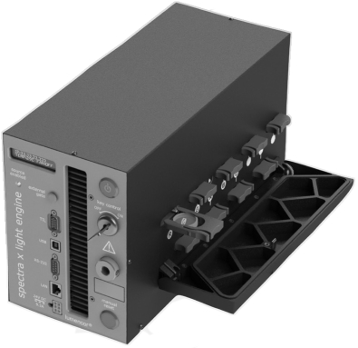 Lumencor SPECTRA-X light engine controller with with opened latch exposing filter compartment